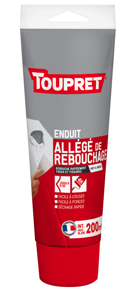 Enduit de rebouchage allégé en pâte 200 ml pour usage intérieur, séchage rapide et sans retrait.