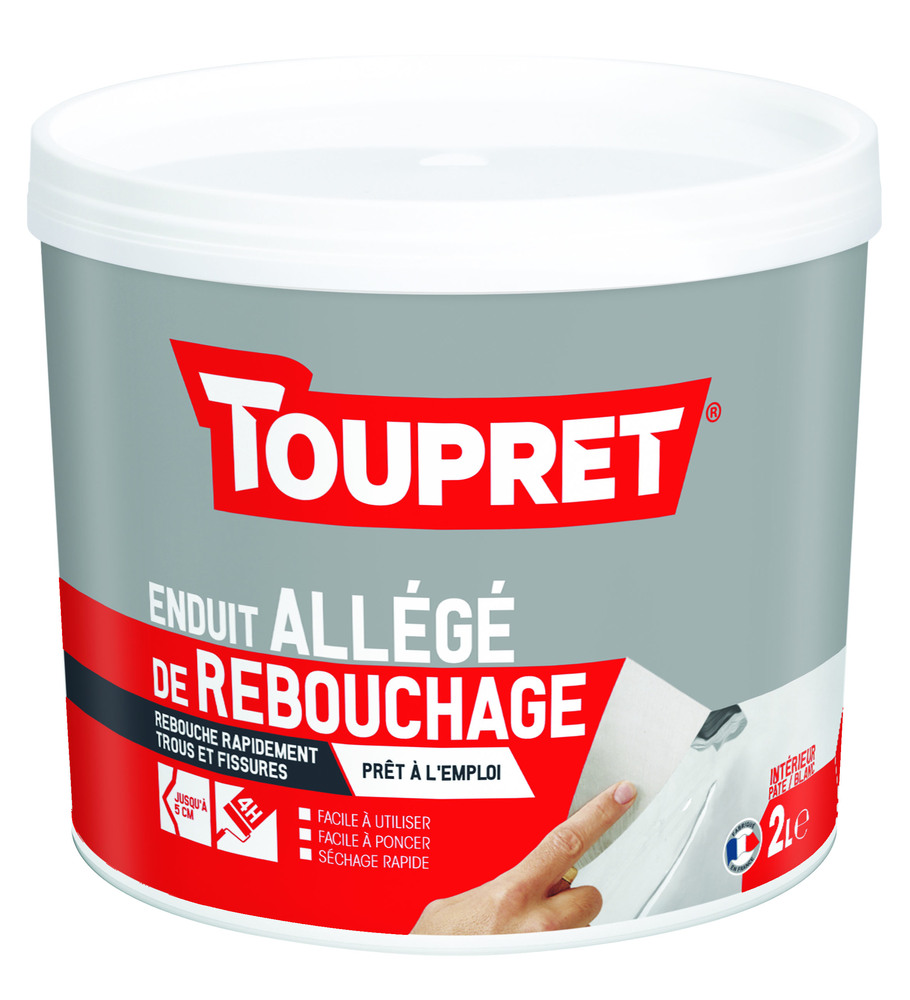 Enduit de Rebouchage Allégé Pâte 2L pour intérieur et multi-usages, en pot blanc prêt à l'emploi.