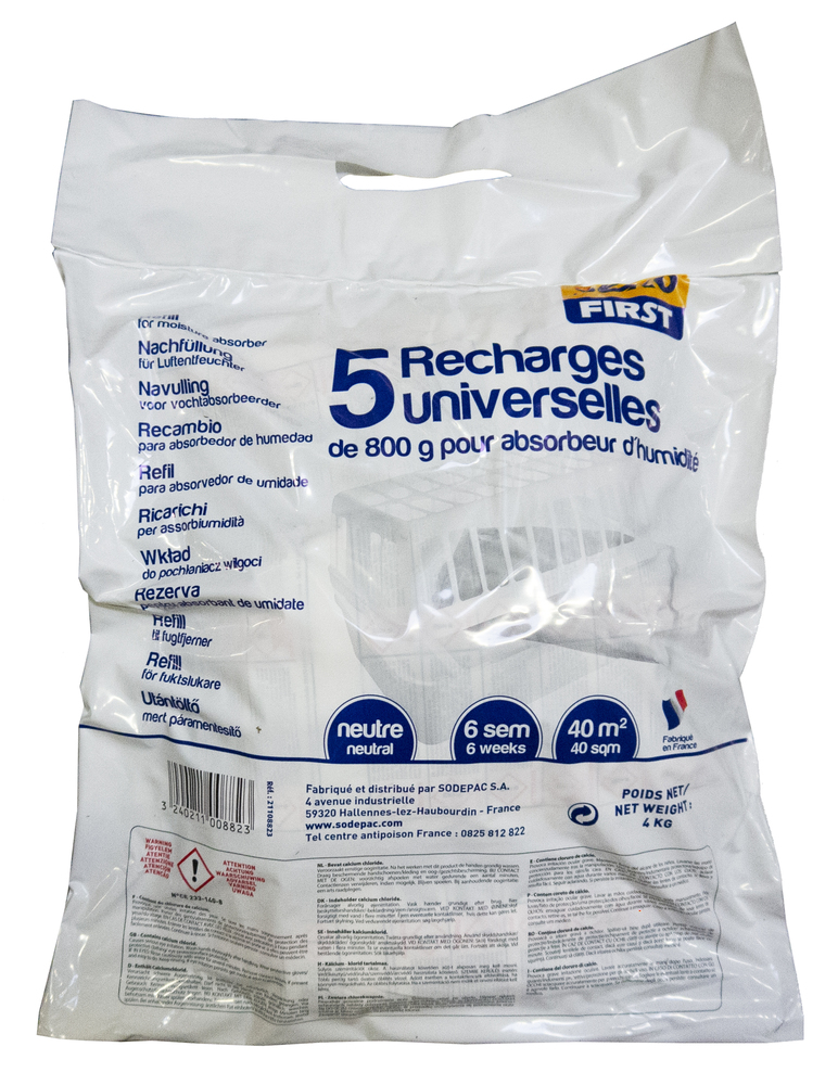 Recharges universelles Sekofirst pour absorbeur d'humidité, granulés 800g, lot de 5