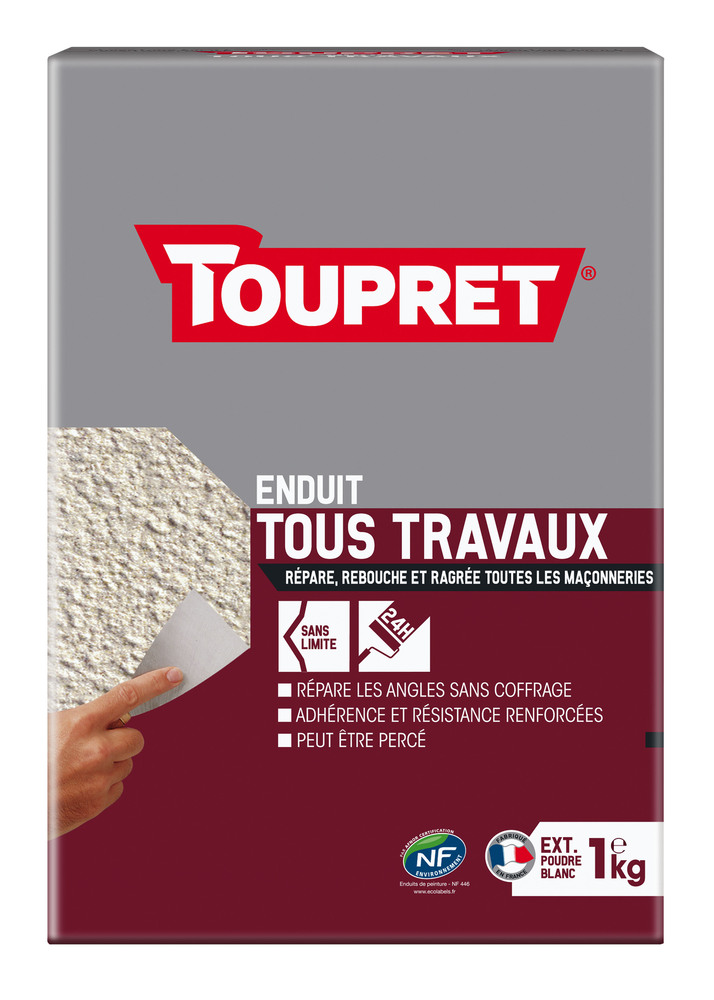 Enduit Tous Travaux Poudre 1 kg de rebouchage extérieur, résistant et facile à préparer.