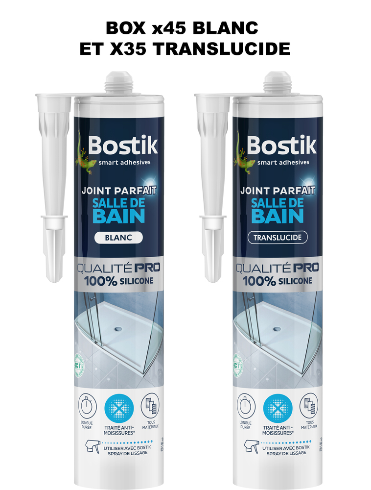 Mastic silicone sanitaire anti-moisissure Joint Parfait Salle de Bain en box de 80 cartouches (45 blanches et 35 transparentes) de 280 ml.