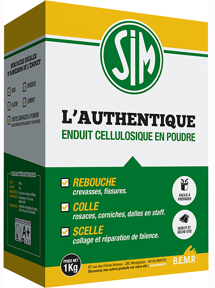 Boite d'enduit de rebouchage cellulosique en poudre Sim l'Authentique 1 kg pour usage intérieur et multi-usages