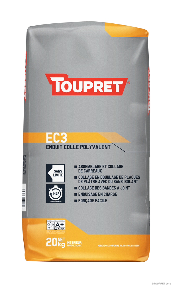 Sac de 20 kg d'enduit colle polyvalent EC3 en poudre, pour la préparation et la finition des murs intérieurs.