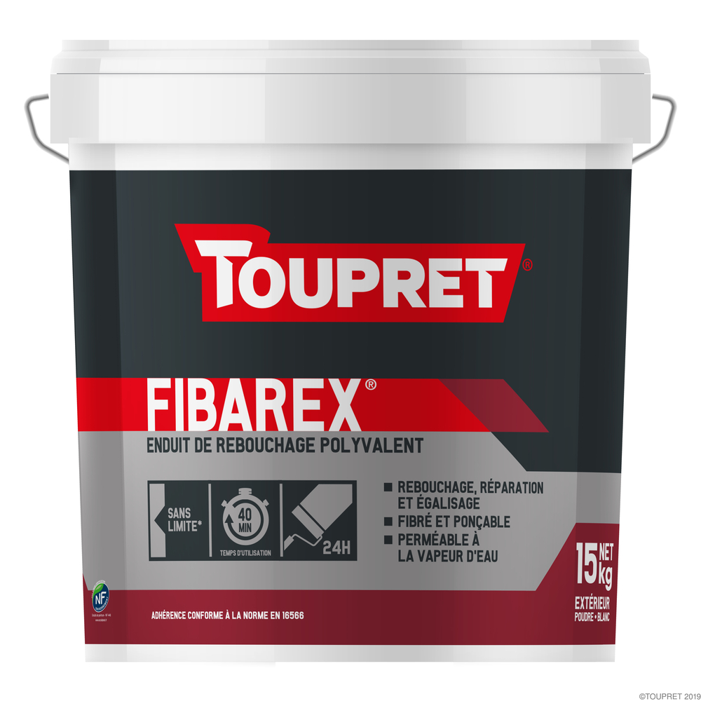 Fibarex Enduit Polyvalent Poudre en seau de 15 kg pour rebouchage et lissage des murs extérieurs