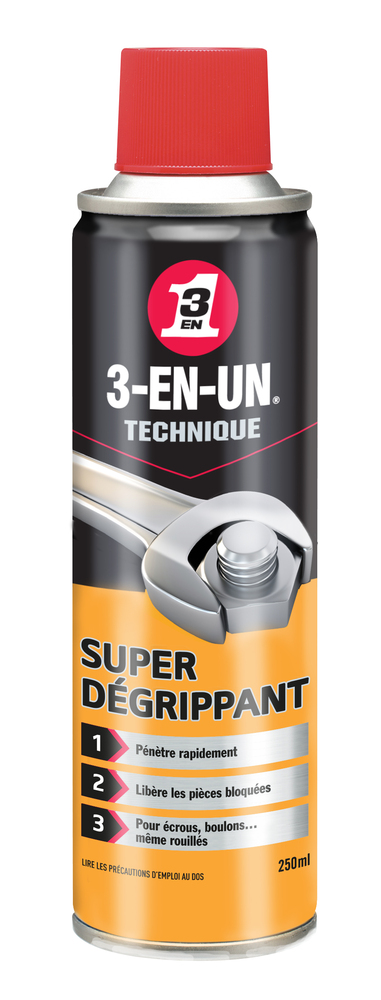 Bombe aérosol de Super Dégrippant 3-EN-UN Technique 250 ml pour dégripper les pièces métalliques et mécanismes bloqués.