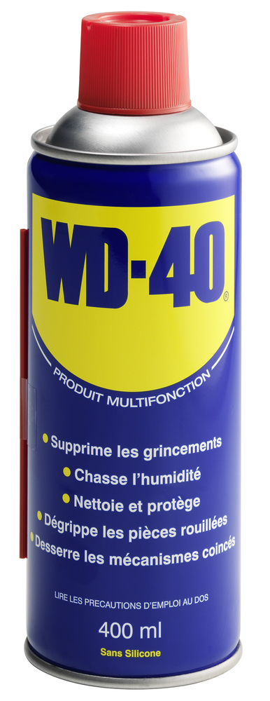 Bidon bleu et jaune de Produit Multifonction WD-40 400 ml, dégrippant, lubrifiant et protecteur.