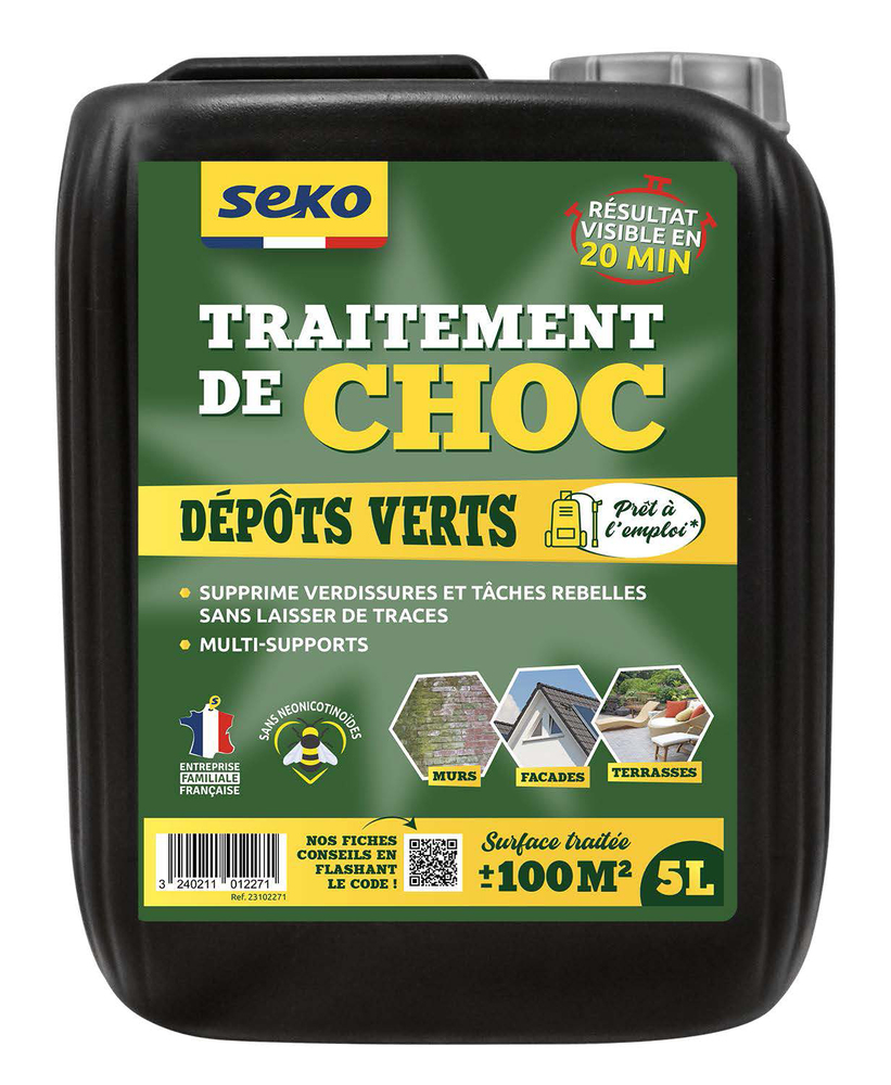 Bidon Seko Traitement Choc Dépôts Verts 5L, puissant anti-mousse et nettoyant pour façades et toitures.