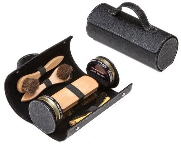 Kit Coffret Cirage Voyageur complet pour l'entretien du cuir, comprenant brosses, cirages et chiffon