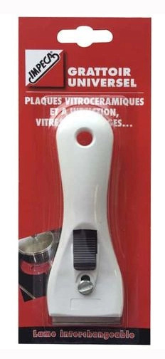 Grattoir universel avec lame robuste pour le nettoyage des hottes, fours, plaques de cuisson et réfrigérateurs.
