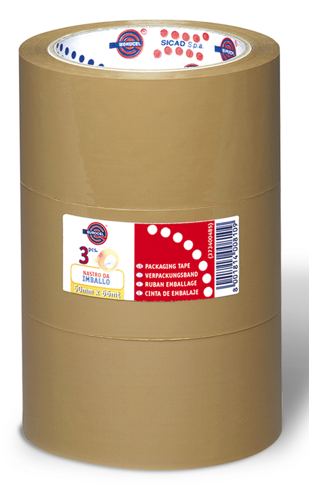 Ruban adhésif d'emballage en polypropylène havane, 50 mm x 66 m, lot de 3 rouleaux avec forte adhérence pour cartons.