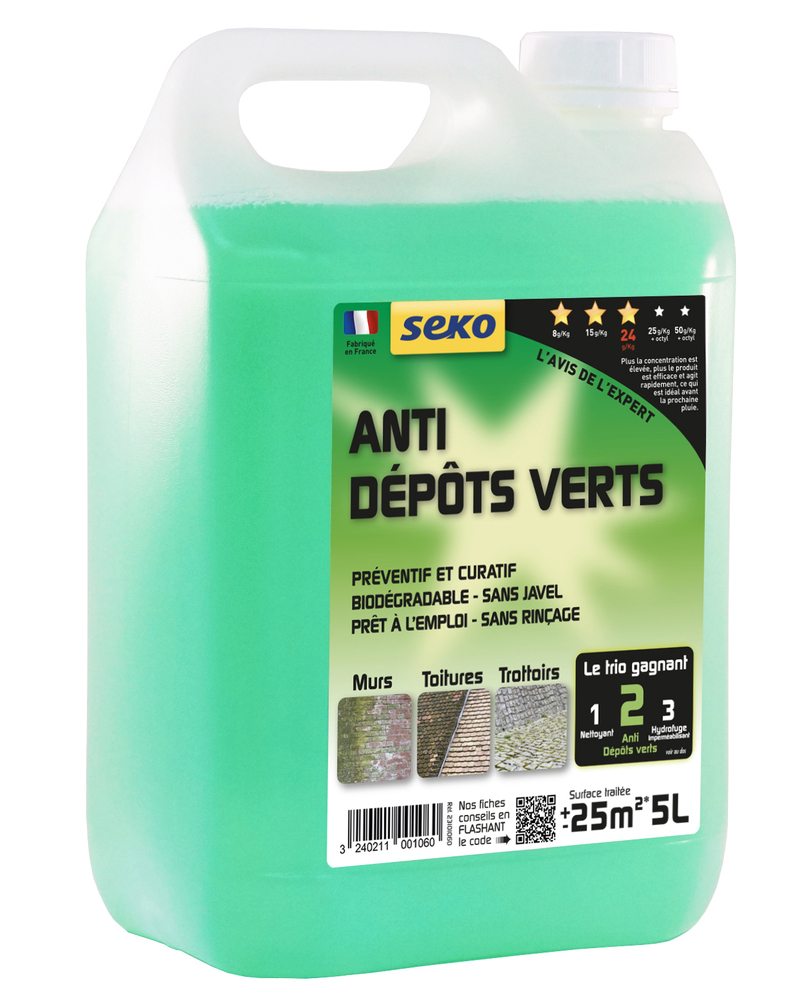 Anti Dépôts Verts Seko, bidon de 5 litres, pour démousser et nettoyer les façades, toitures et terrasses.