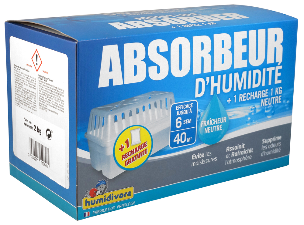 Pack Absorbeur d'humidité Humidivore avec 2 recharges de 1 kg de cristaux neutres