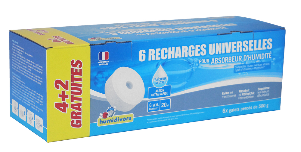 Humidivore, 6 recharges universelles galets neutres 500g pour absorbeur d'humidité, dont 2 gratuites