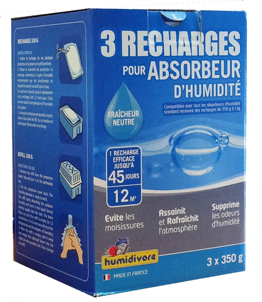 Lot de 3 Recharges Humidivore 350 g Neutre dont 1 GRATUITE pour absorbeur d'humidité, pour un air plus sain