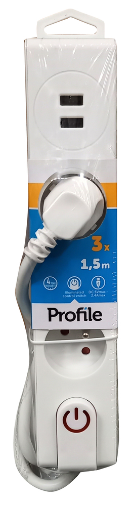 Bloc multiprise blanc 3 prises avec 2 ports USB A, interrupteur et câble de 1,5 mètre.