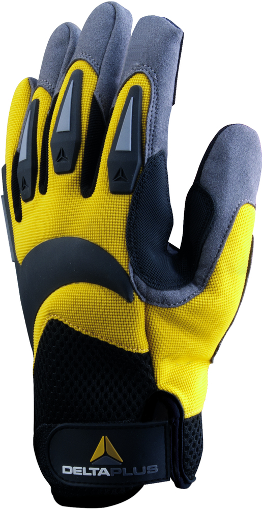 Paire de gants Athox jaune pour travaux lourds, en tricot et cuir synthétique, avec paume renforcée