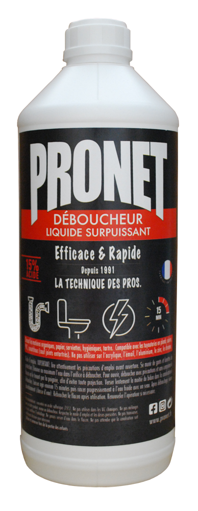Flacon de Déboucheur Canalisation Acide Light Pronet 1 litre avec bouchon de sécurité enfant