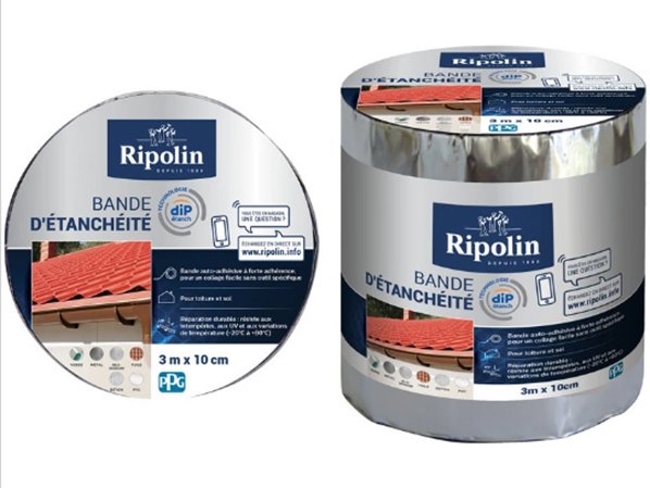 Bande d'Étanchéité Auto-Adhésive Alu 3 m x 10 cm, présentée en rouleau gris argenté.