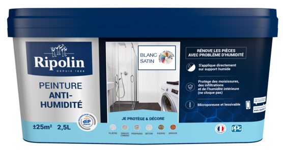 Peinture anti-humidité satinée blanche en pot de 2.50 litres pour murs et plafonds intérieurs
