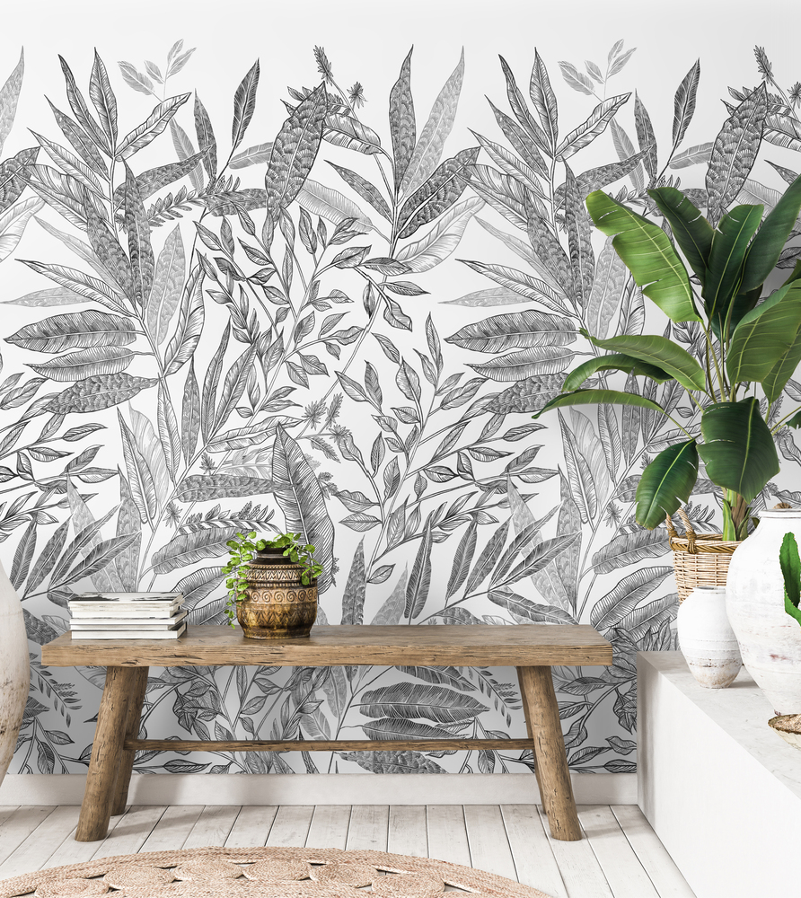 Papier peint panoramique Branca Jungle noir et blanc, motif feuilles tropicales, 159 x 280 cm