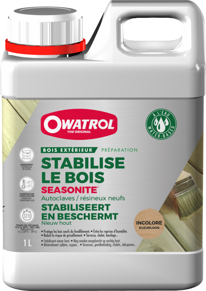 Bidon de stabilisateur bois Seasonite incolore 1L pour la préparation et protection des bois extérieurs.