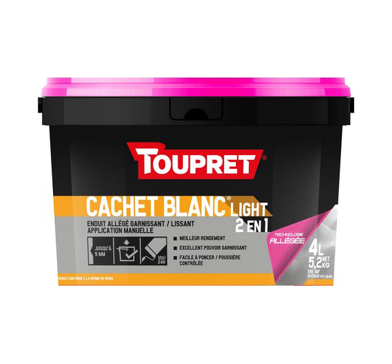Enduit de lissage et de rebouchage 2en1 Cachet Blanc Light en pâte, blanc, 4L pour murs intérieurs, prêt à l'emploi