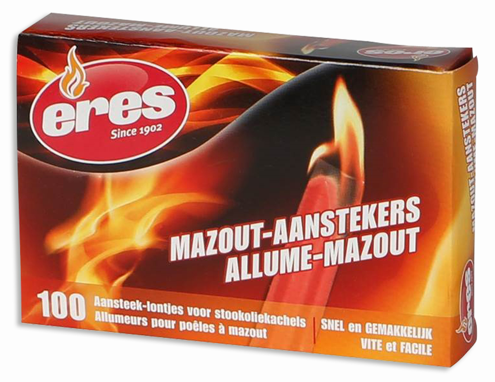 Boîte de 100 languettes allume-poêle à mazout pour un allumage rapide et efficace.