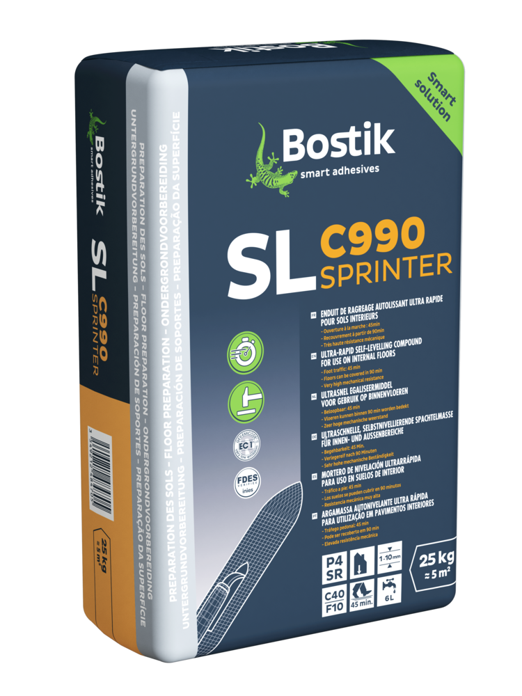 Sac de ragréage autolissant rapide SL C990 Sprinter de 25 kg pour préparation des sols intérieurs.