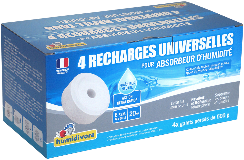 Lot de 4 recharges Humidivore galets percés de 500g neutres pour absorbeur d'humidité classique