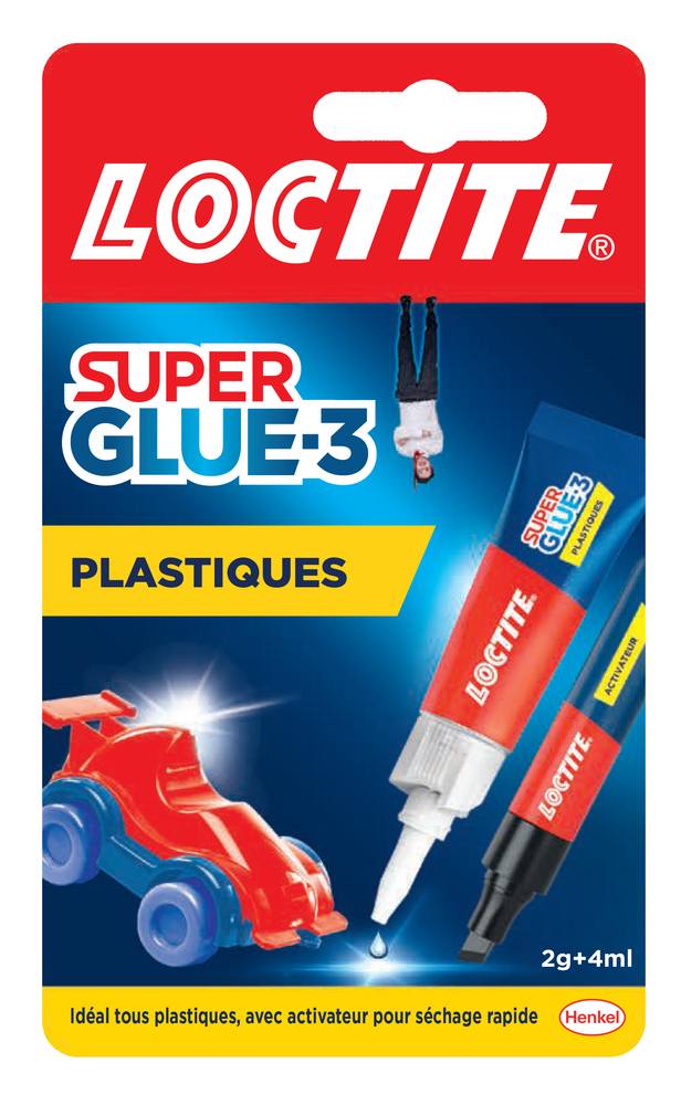 Colle Superglue-3 Spécial Plastiques en tube 2g et stylo 4ml, adhésion forte et rapide