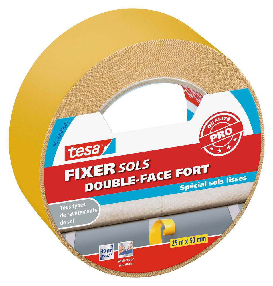 Rouleau d'adhésif double face Fixer Sols fort, spécial sols lisses, 25 mètres x 50 mm, pour fixation durable.