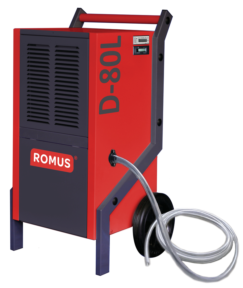 Déshumidificateur industriel D-80L de 1120W, machine robuste sur roulettes pour assainissement de bâtiment.