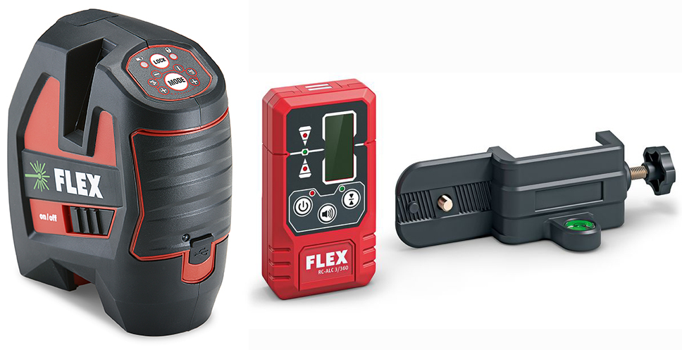 Laser Faisceaux Croisés Autonivelant ALC3/1-G/R avec faisceaux verts et rouges, et récepteur laser RC-ALC3/360 pour traçage et mesures précises sur chantier.