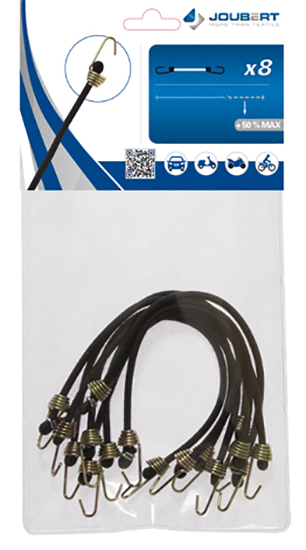 Lot de 8 mini sandows avec crochets métalliques, 25 cm de long et 4 mm de diamètre, emballés en sachet cavalier pour fixation et arrimage.