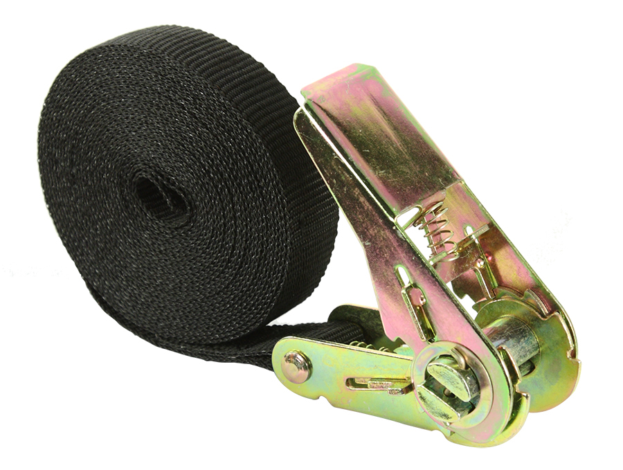 Sangle de fixation noire 25 mm x 5 m avec tendeur à cliquet, vendue en sachet cavalier.