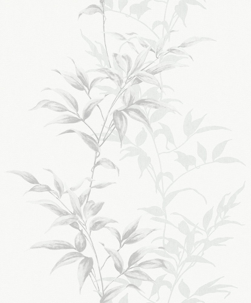 Papier peint vinyle expansé sur intissé à motif feuillage gris sur fond gris clair, référence 8057 de la collection Décorama Résidence 2023.
