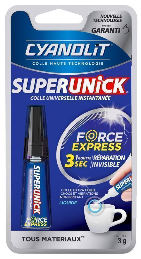 Colle cyanoacrylate liquide Superunick Force Express 3g en tube pour fixation rapide