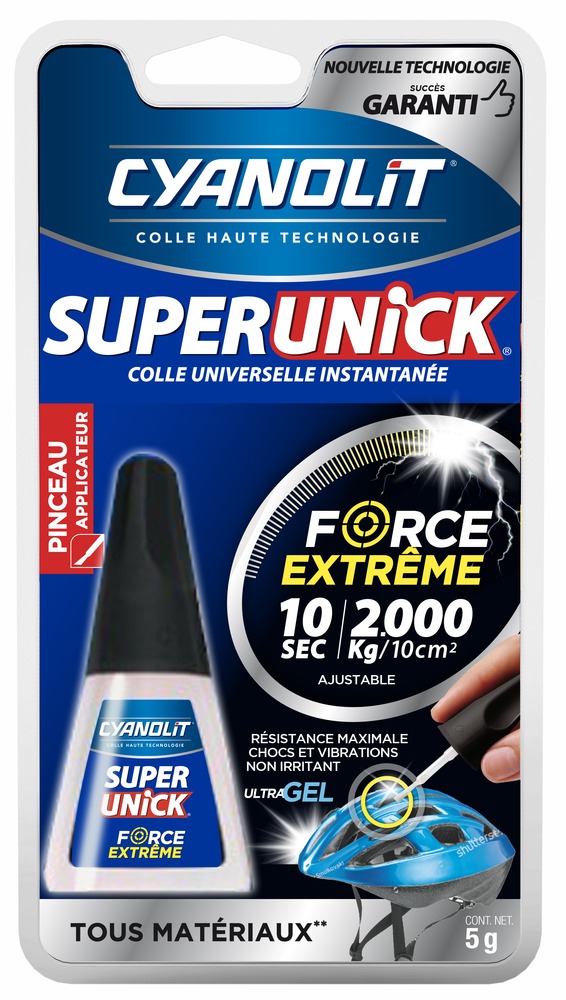 Colle Superunick Force Extrême, super glue cyanoacrylate en gel de 5g avec pinceau applicateur pour des collages précis et résistants.
