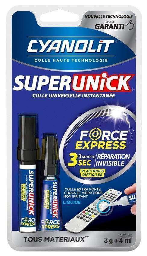 Colle cyanoacrylate bi-composant Superunick Force Express liquide 3g pour plastiques difficiles, avec embout de précision pour collages ultra-résistants.