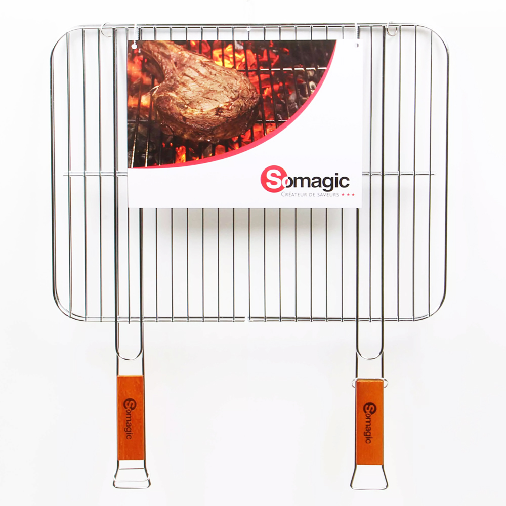 Grille double rectangulaire de barbecue 51 x 38 cm en acier inoxydable, idéale pour maintenir et retourner les aliments.