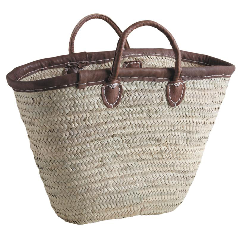 Panier couffin en palmier naturel de 55 cm, avec bord et poignées en cuir marron, idéal pour le marché ou la plage.