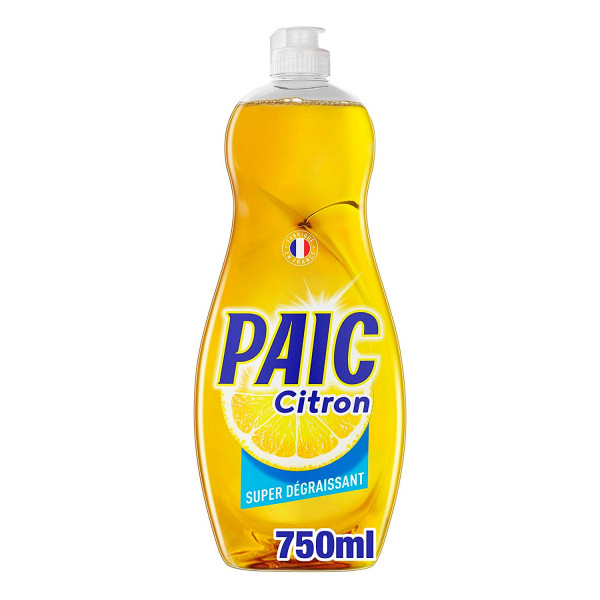 Dégraissant vaisselle mains au citron 750 ml en bouteille, élimine les graisses tenaces.