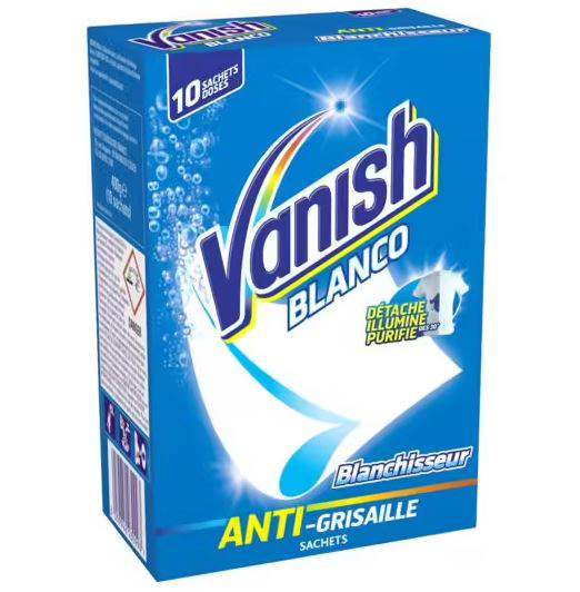Blanchisseur anti-grisaille Blanco, boîte de 10 sachets pour raviver l'éclat du linge blanc.