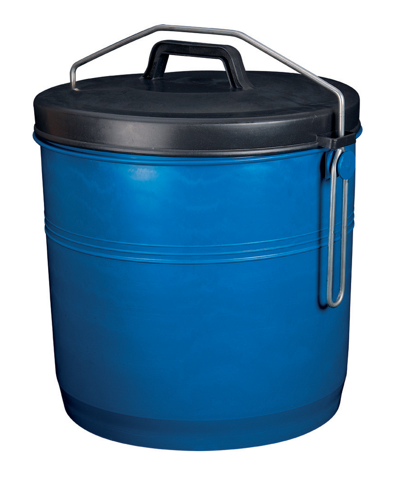 Poubelle étrier bleue 16L avec couvercle noir, en plastique robuste pour le tri des déchets.
