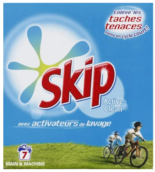Lessive en poudre Skip Active Clean 490g, paquet bleu pour 7 lavages et un linge éclatant