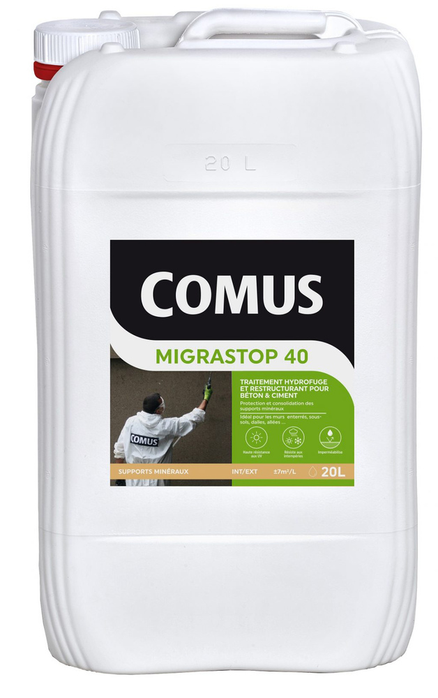 Bidon de traitement hydrofuge Migrastop 40 de 20 litres pour protéger toitures et façades