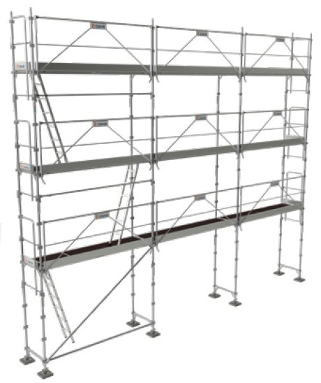 Kit complet d'échafaudage fixe façadier R200 Progress First pour 80m², avec structure, plancher aluminium et bois, et plinthes.