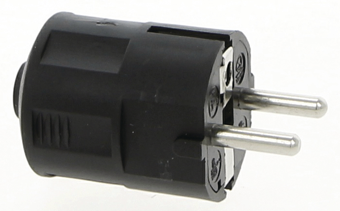 Fiche universelle mâle 16A noire avec prise de terre pour raccordement électrique.