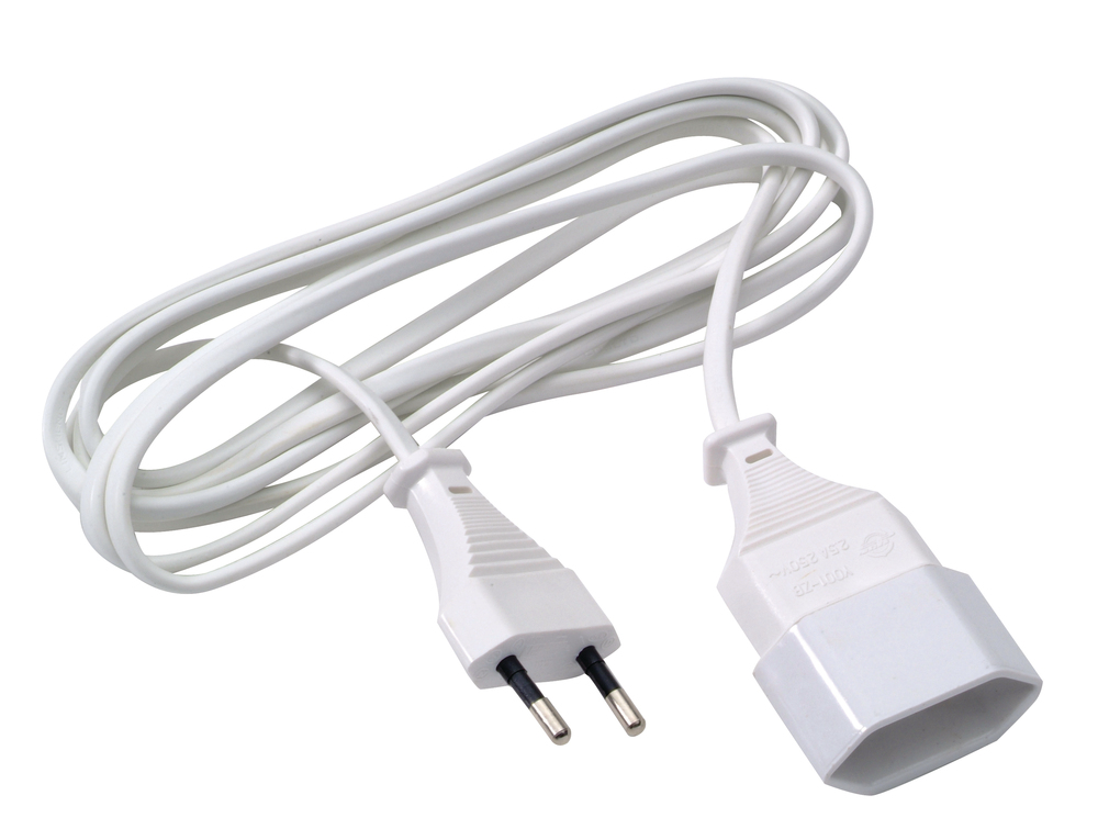 Rallonge électrique blanche en PVC de 2.5 mètres, section 2x0.75mm², idéale pour le raccordement d'appareils domestiques.