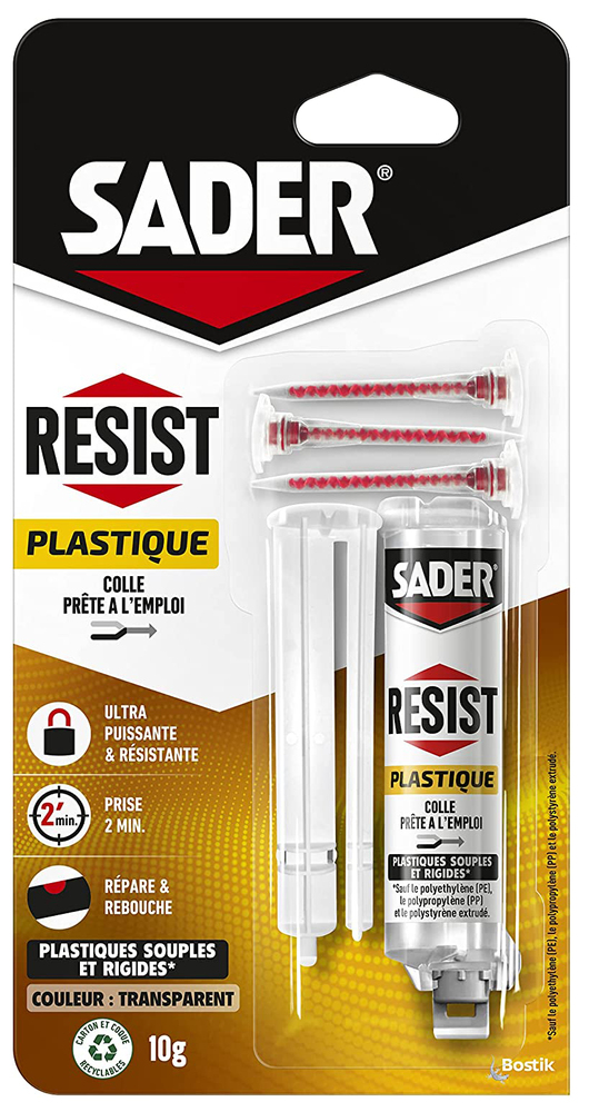 Colle bi-composant Resist transparente 10g pour plastique et PVC, forte adhérence pour assemblage et réparation.